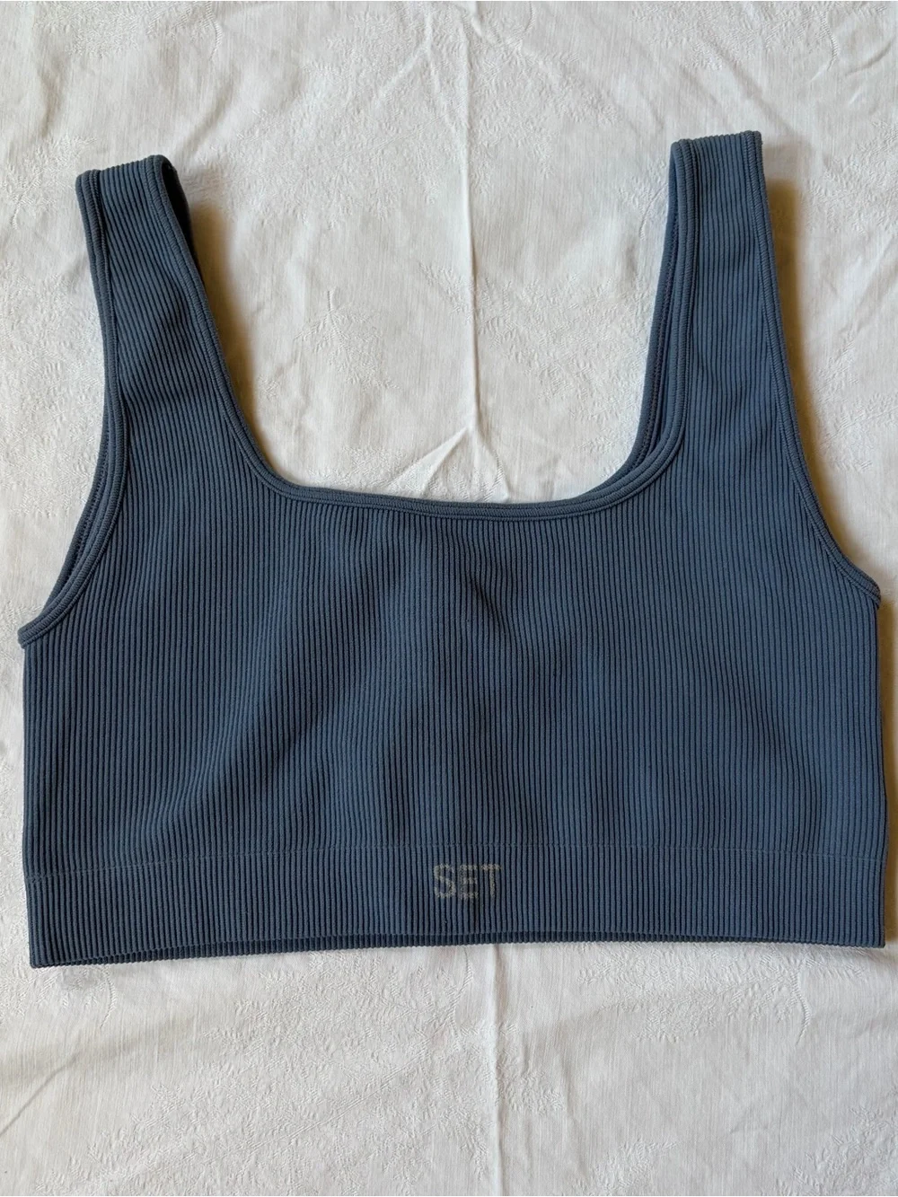 Set Active Ribbed Scoop Neck Bralette Sports Bra in Slate Blue Size M/L